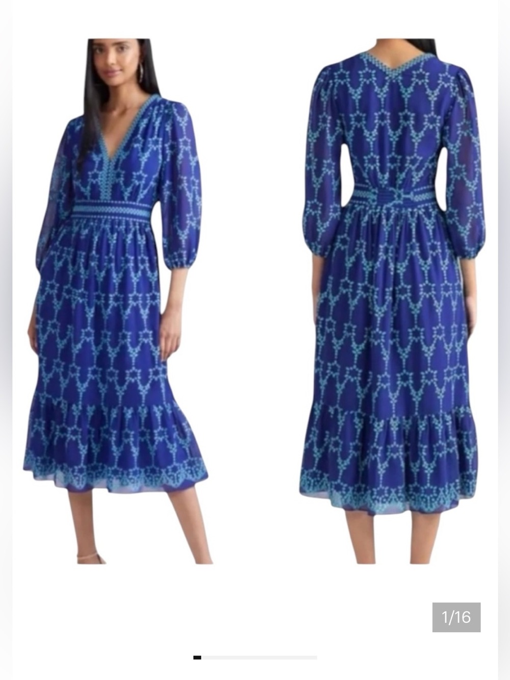 Shoshanna 8 Callah Midi Dress embroidered eyelet Blues ruffle hem long sleeves